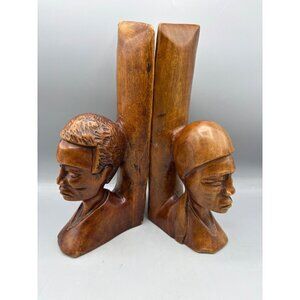 Vtg Hand Carved Wooden Bookends Haiti Man Woman